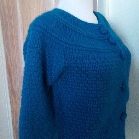 SUTTON CASHMERE 70% Wool 30% Cashmere Thick Blue Crewneck Cardigan - Size S - Picture 6 of 10